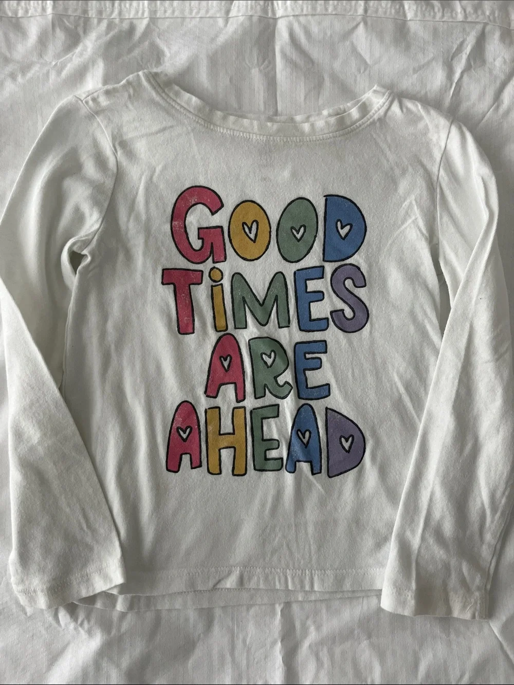 GAP White Long-Sleeve Tee with Multicolor 'Good Times Are Ahead' Graphic